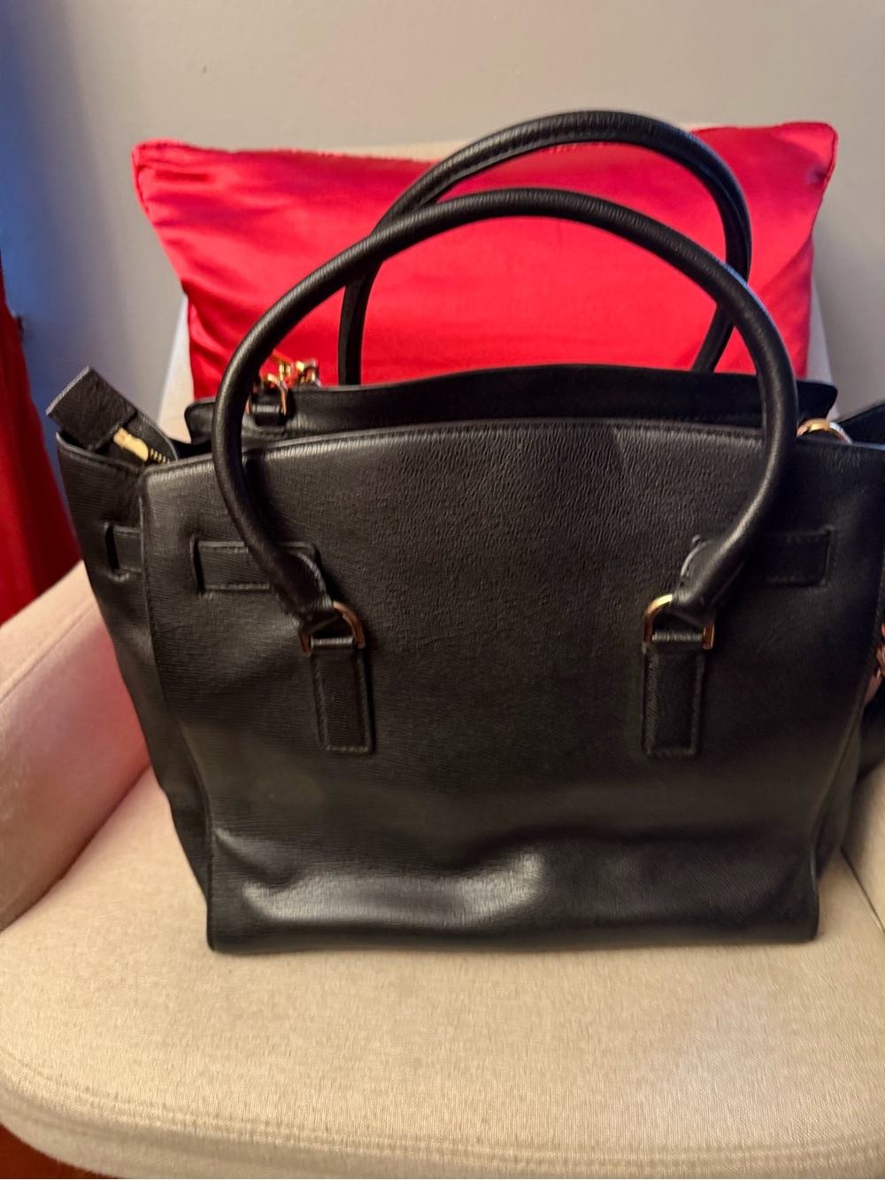 Michael Kors Black Leather Satchel with Gold Hardware and Chain Strap - Picture 3 of 9